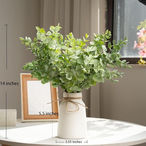 ينبع الأوكالبتوس الاصطناعي في مزهرية سيراميك بيضاء مضلعة، نباتات خضراء واقعية 14 بوصة ترتيبات نباتات صناعية ديكور منزلي قطع مركزية لحفلات الزفاف in Kuwait