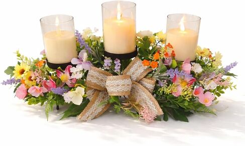 قطعة مركزية حامل شموع على شكل زهور للطاولة، 3 حاملات شموع مع ترتيب زهور الربيع، قطعة مركزية ريفية لطاولة الطعام وحفلات الزفاف وعيد الفصح وديكور المنزل in Kuwait