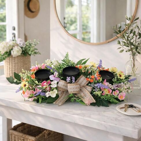 قطعة مركزية حامل شموع على شكل زهور للطاولة، 3 حاملات شموع مع ترتيب زهور الربيع، قطعة مركزية ريفية لطاولة الطعام وحفلات الزفاف وعيد الفصح وديكور المنزل in Kuwait