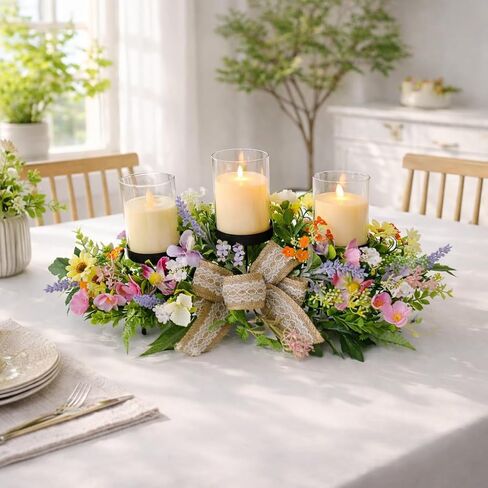 قطعة مركزية حامل شموع على شكل زهور للطاولة، 3 حاملات شموع مع ترتيب زهور الربيع، قطعة مركزية ريفية لطاولة الطعام وحفلات الزفاف وعيد الفصح وديكور المنزل in Kuwait