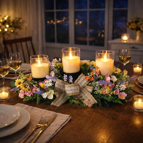 قطعة مركزية حامل شموع على شكل زهور للطاولة، 3 حاملات شموع مع ترتيب زهور الربيع، قطعة مركزية ريفية لطاولة الطعام وحفلات الزفاف وعيد الفصح وديكور المنزل in Kuwait