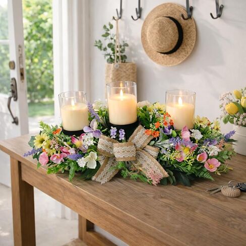 قطعة مركزية حامل شموع على شكل زهور للطاولة، 3 حاملات شموع مع ترتيب زهور الربيع، قطعة مركزية ريفية لطاولة الطعام وحفلات الزفاف وعيد الفصح وديكور المنزل in Kuwait