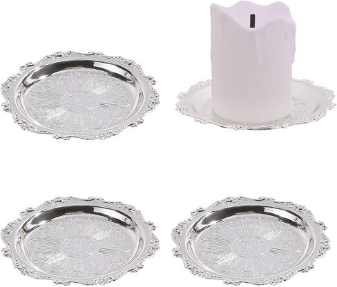 GLOBLELAND 4 Pcs 3" Vintage Round Metal Candle Holder Plate Silver Candle Holder Trays Iron Jewelry Plates Decorative Iron Plate for Pillar Scented Flameless Ball Candles in Saudi Arabia