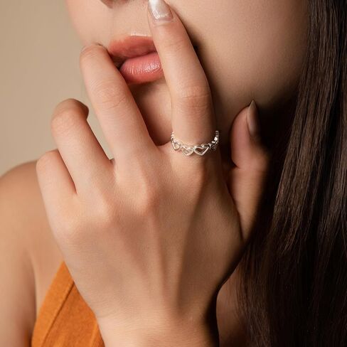 خواتم فضية على شكل قلوب متشابكة للنساء، خاتم فضة أنيق قابل للتعديل وقابل للتكديس ولا يسبب الحساسية للنساء in Kuwait