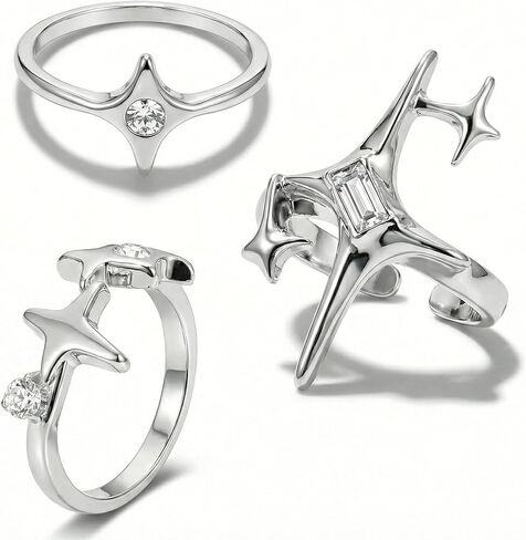 مجموعة 3 قطع من خواتم المفصل ذات اللون الفضي العتيق، حلقات مفتوحة على شكل نجمة مجوفة قابلة للتعديل للتكديس والطبقات، مجوهرات مكتنزة للرجال والنساء، إكسسوار الجرونج القوطي الجمالي in Kuwait