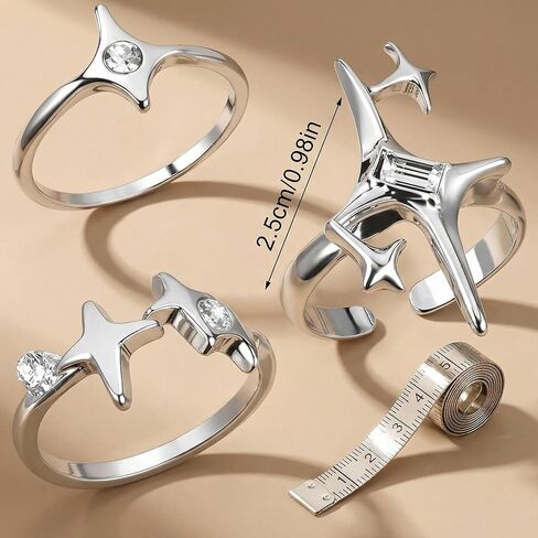 مجموعة 3 قطع من خواتم المفصل ذات اللون الفضي العتيق، حلقات مفتوحة على شكل نجمة مجوفة قابلة للتعديل للتكديس والطبقات، مجوهرات مكتنزة للرجال والنساء، إكسسوار الجرونج القوطي الجمالي in Kuwait