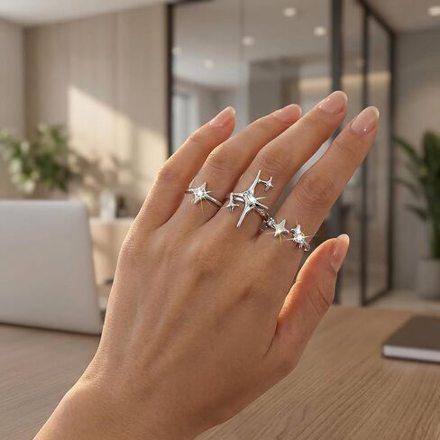 مجموعة 3 قطع من خواتم المفصل ذات اللون الفضي العتيق، حلقات مفتوحة على شكل نجمة مجوفة قابلة للتعديل للتكديس والطبقات، مجوهرات مكتنزة للرجال والنساء، إكسسوار الجرونج القوطي الجمالي in Kuwait