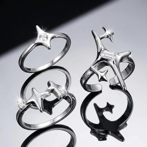 مجموعة 3 قطع من خواتم المفصل ذات اللون الفضي العتيق، حلقات مفتوحة على شكل نجمة مجوفة قابلة للتعديل للتكديس والطبقات، مجوهرات مكتنزة للرجال والنساء، إكسسوار الجرونج القوطي الجمالي in Kuwait