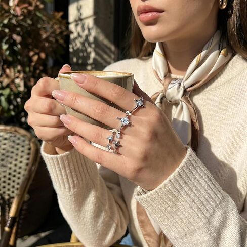 مجموعة 3 قطع من خواتم المفصل ذات اللون الفضي العتيق، حلقات مفتوحة على شكل نجمة مجوفة قابلة للتعديل للتكديس والطبقات، مجوهرات مكتنزة للرجال والنساء، إكسسوار الجرونج القوطي الجمالي in Kuwait