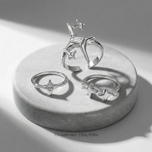 مجموعة 3 قطع من خواتم المفصل ذات اللون الفضي العتيق، حلقات مفتوحة على شكل نجمة مجوفة قابلة للتعديل للتكديس والطبقات، مجوهرات مكتنزة للرجال والنساء، إكسسوار الجرونج القوطي الجمالي in Kuwait