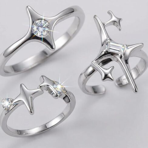 مجموعة 3 قطع من خواتم المفصل ذات اللون الفضي العتيق، حلقات مفتوحة على شكل نجمة مجوفة قابلة للتعديل للتكديس والطبقات، مجوهرات مكتنزة للرجال والنساء، إكسسوار الجرونج القوطي الجمالي in Kuwait