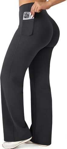 JGS1996 Straight Leg Leggings with Pockets for Women Wide Leg Yoga Pants Casual Sweatpants No Front Seam Gym Workout Leggings in Kuwait