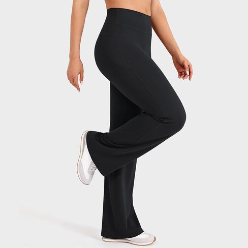 JGS1996 Straight Leg Leggings with Pockets for Women Wide Leg Yoga Pants Casual Sweatpants No Front Seam Gym Workout Leggings in Kuwait
