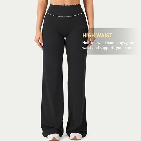 JGS1996 Straight Leg Leggings with Pockets for Women Wide Leg Yoga Pants Casual Sweatpants No Front Seam Gym Workout Leggings in Kuwait