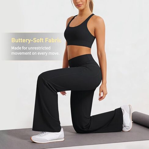 JGS1996 Straight Leg Leggings with Pockets for Women Wide Leg Yoga Pants Casual Sweatpants No Front Seam Gym Workout Leggings in Kuwait