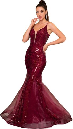 Spaghetti Sequin Formal Dress Tulle Mermaid Floor Length Evening Night Party Gown in Kuwait
