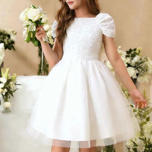 Girls Lace Bodice Mesh Tulle Dress Square Neck Short Sleeve Casual Party Formal Princess Wedding Guest Dress in Saudi Arabia
