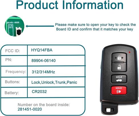 Smart Key Fob for Toyota Camry 2013-2018, FengRKey Remote Control Key Fob Compatible for Toyota Camry Avalon Corolla 2013-2018 HYQ14FBA 89904-06140 281451-0020 in Kuwait