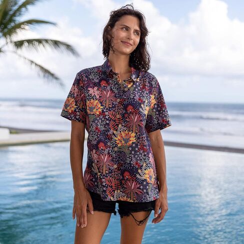 YIUME Women's Hawaiian Shirt Quirky Plants Print Cotton Button-up Short Sleeve Quirky Plants Women Shirt in Kuwait