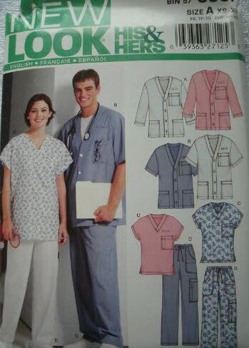 HIS & HERS SCRUBS TOPS & PANTS SIZE XS-XL (BUST/CHEST 30-48 INCHES) NEW LOOK PATTERN 6307 in Saudi Arabia