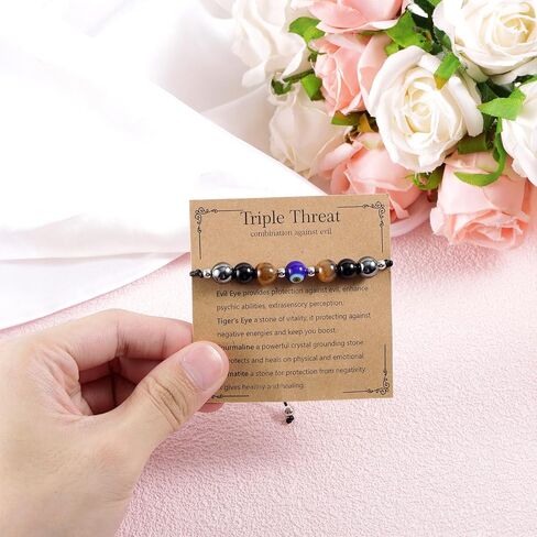Triple Threat Protection Evil Eye Bracelet for Women, Adjustable Natural Stone Good Luck Evil Eye Beaded Bracelet for Women & Men Jewelry Gift in Saudi Arabia
