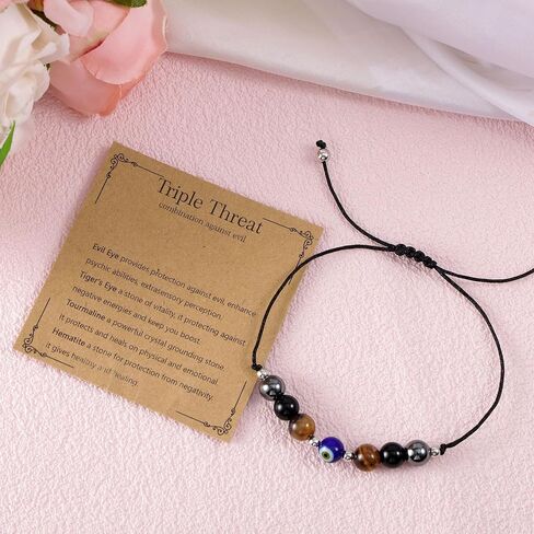 Triple Threat Protection Evil Eye Bracelet for Women, Adjustable Natural Stone Good Luck Evil Eye Beaded Bracelet for Women & Men Jewelry Gift in Saudi Arabia