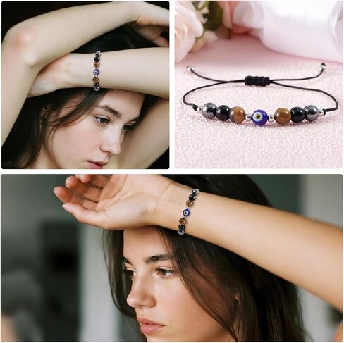 Triple Threat Protection Evil Eye Bracelet for Women, Adjustable Natural Stone Good Luck Evil Eye Beaded Bracelet for Women & Men Jewelry Gift in Saudi Arabia