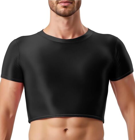 SEAUR Mens Shiny Crop Tops Short Sleeve Muscle Half Tank Tops Sexy Nightclub Party Undershirt in Saudi Arabia
