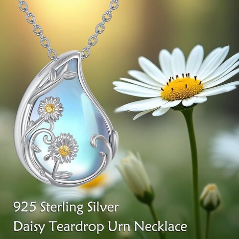 YAFEINI Daisy Urn Necklace S925 Sterling Silver Moonstone Daisy Urn Necklace for Ashes Teardrop Pendant Cremation Jewelry Memorial Gifts for Women Female in Kuwait