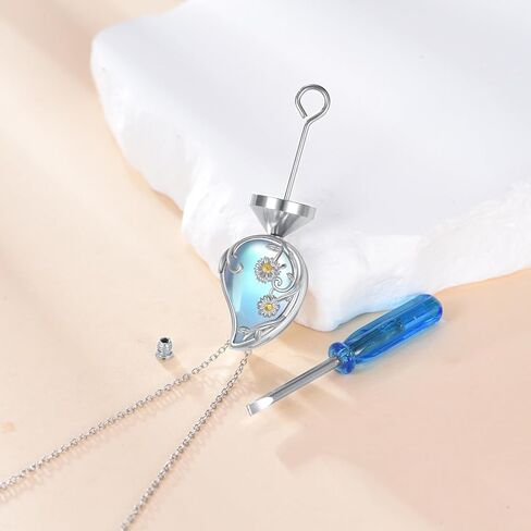 YAFEINI Daisy Urn Necklace S925 Sterling Silver Moonstone Daisy Urn Necklace for Ashes Teardrop Pendant Cremation Jewelry Memorial Gifts for Women Female in Kuwait