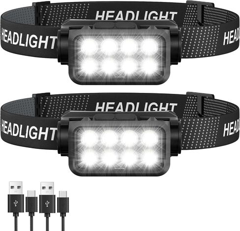 Rechargeable Headlamp Flashlight 2-Pack, 8 LED 2500 Lumen Ultra-Light Bright Headlight with Motion Sensor, Waterproof Lightweight Head Lamp for Adult Kid, Headlamps for Outdoor Camping Running Fishing in Kuwait