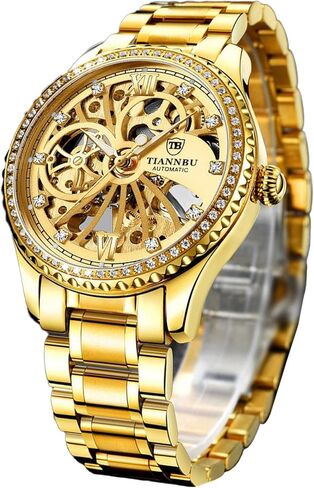 FORSINING Luxury Gold Automatic Mechanical Watch for Men - Skeleton Dial with Mock Tourbillon, Diamond Markers & Bezel, 9mm Thin Case Stainless Steel Band, Self-Winding Wristwatch in Saudi Arabia