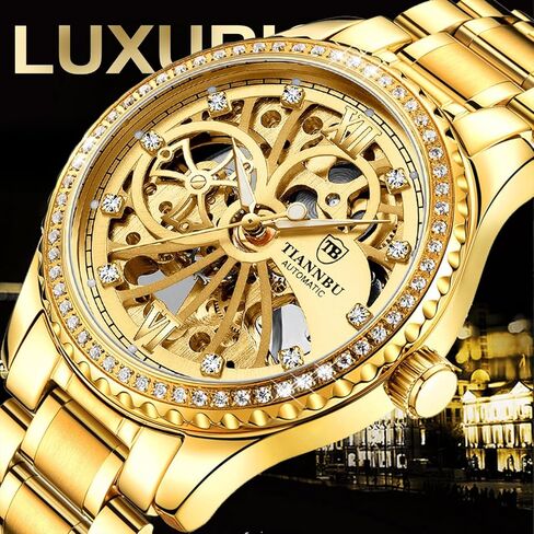 FORSINING Luxury Gold Automatic Mechanical Watch for Men - Skeleton Dial with Mock Tourbillon, Diamond Markers & Bezel, 9mm Thin Case Stainless Steel Band, Self-Winding Wristwatch in Saudi Arabia