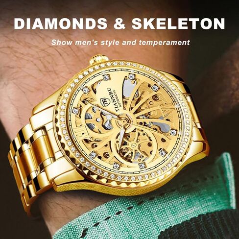FORSINING Luxury Gold Automatic Mechanical Watch for Men - Skeleton Dial with Mock Tourbillon, Diamond Markers & Bezel, 9mm Thin Case Stainless Steel Band, Self-Winding Wristwatch in Saudi Arabia