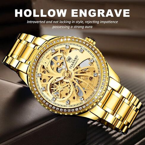 FORSINING Luxury Gold Automatic Mechanical Watch for Men - Skeleton Dial with Mock Tourbillon, Diamond Markers & Bezel, 9mm Thin Case Stainless Steel Band, Self-Winding Wristwatch in Saudi Arabia