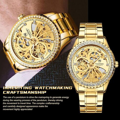 FORSINING Luxury Gold Automatic Mechanical Watch for Men - Skeleton Dial with Mock Tourbillon, Diamond Markers & Bezel, 9mm Thin Case Stainless Steel Band, Self-Winding Wristwatch in Saudi Arabia