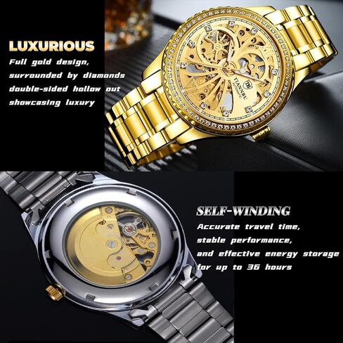 FORSINING Luxury Gold Automatic Mechanical Watch for Men - Skeleton Dial with Mock Tourbillon, Diamond Markers & Bezel, 9mm Thin Case Stainless Steel Band, Self-Winding Wristwatch in Saudi Arabia