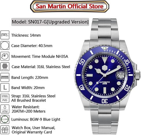 San Martin Diver Ghost Luxury Watch Sapphire Crystal Men Automatic Mechanical Watches Ceramic Bezel 20Bar Luminous dial with Date Window (Blue) in Kuwait