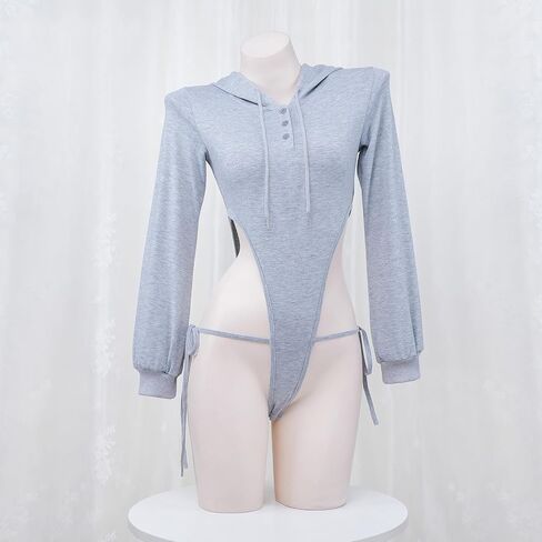 Women Sexy One Piece Lingerie Outfit Teddy Long Sleeve Bodysuit Bodycon Leotard Hoodie High Cut Out Onesie Pajamas in Saudi Arabia