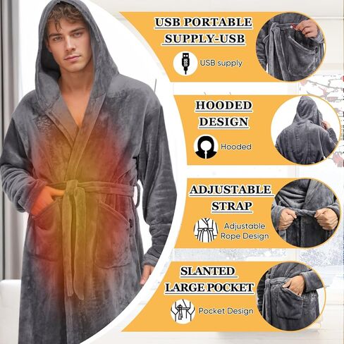 رداء مُدفأ للرجال مع غطاء للرأس - أرواب حمام مُدفأة للرجال مع 3 مستويات للتدفئة، رداء حمام طويل من الصوف من القطيفة in Kuwait
