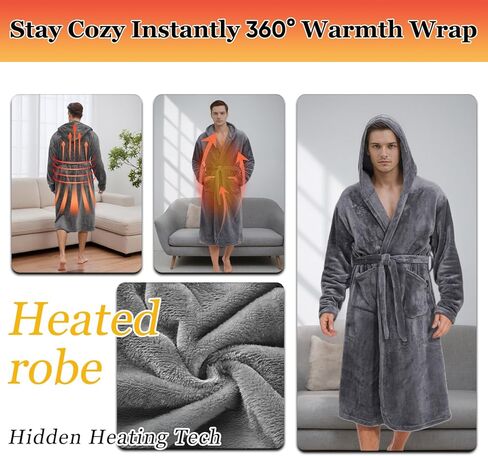 رداء مُدفأ للرجال مع غطاء للرأس - أرواب حمام مُدفأة للرجال مع 3 مستويات للتدفئة، رداء حمام طويل من الصوف من القطيفة in Kuwait