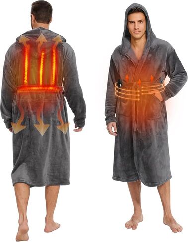 رداء مُدفأ للرجال مع غطاء للرأس - أرواب حمام مُدفأة للرجال مع 3 مستويات للتدفئة، رداء حمام طويل من الصوف من القطيفة in Kuwait