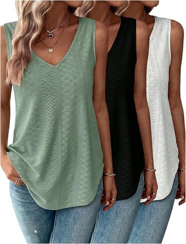 Women's 3 Pack Eyelet Embroidered Tank Tops Summer V Neck Sleeveless Asymmetrical Dressy Casual Tops in Saudi Arabia