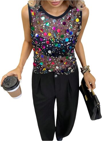 SHENHE Women's Sequin Sheer Mesh Top Sparkly Sleeveless Party Rave Clubwear Festival Tank Shirt in Saudi Arabia