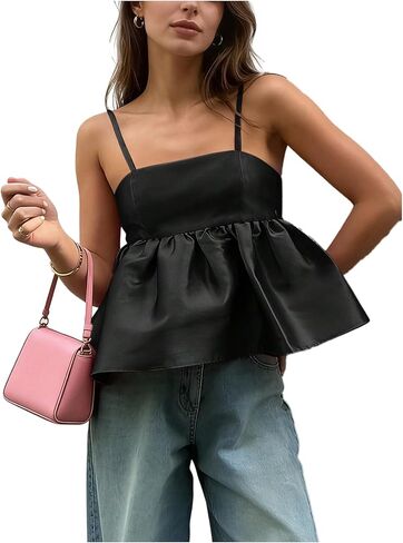 Women's Summer Peplum Babydoll Tops Square Neck Spaghetti Strap Cute Going Out Party Camisole Tops in Saudi Arabia