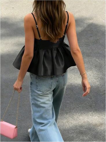 Women's Summer Peplum Babydoll Tops Square Neck Spaghetti Strap Cute Going Out Party Camisole Tops in Saudi Arabia