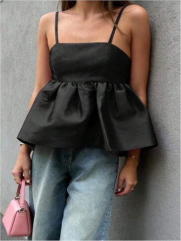 Women's Summer Peplum Babydoll Tops Square Neck Spaghetti Strap Cute Going Out Party Camisole Tops in Saudi Arabia
