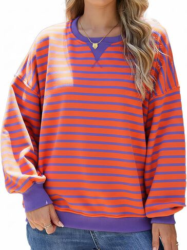 Women's Striped Oversized Sweatshirt, Long Sleeve Crewneck Pullover Top, Casual Fall Clothes in Saudi Arabia