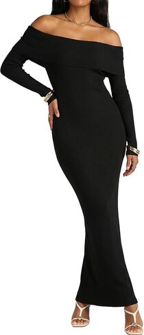MAKABO Women's Off The Shoulder Sweater Dress Long Sleeve Bodycon Midi Ribbed Knit Cocktail Party Elegant Night Out Dress in Kuwait