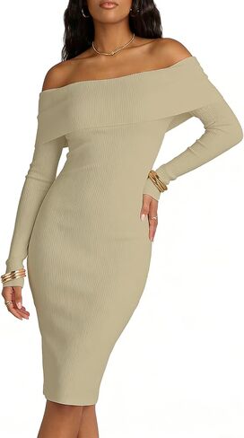 MAKABO Women's Off The Shoulder Sweater Dress Long Sleeve Bodycon Midi Ribbed Knit Cocktail Party Elegant Night Out Dress in Saudi Arabia